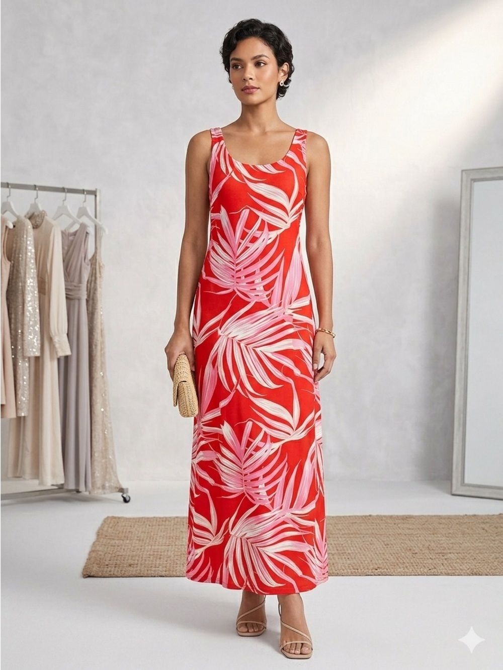 Sleeveless Red Palm-Print Maxi Dress - Brand